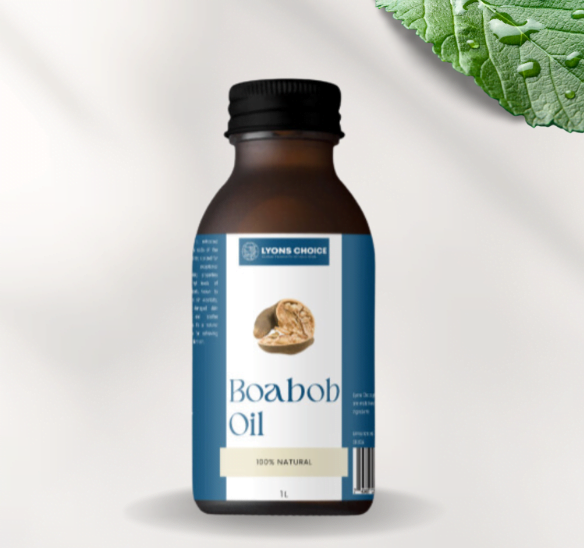 This is an image of boabob oil - product of lyons choice woocommerce store at page Wholesale - Woocommerce. in the image the product is of bottle with old style syrup bottle cap featuring a label of blue and white color with product details printed on it.