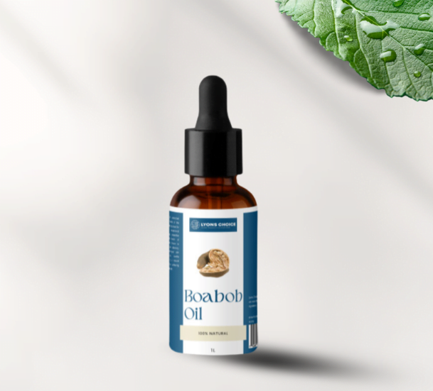 This is an image of boabob oil - product of lyons choice woocommerce store at page Wholesale - Woocommerce. in the image the product is of bottle with bottle with nipple cap featuring a label of blue and white color with product details printed on it.