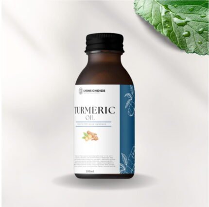 This is an image of turmeric oil - product of lyons choice woocommerce store at page Wholesale - Woocommerce. in the image the product is of bottle with old style syrup bottle cap featuring a label of blue and white color with product details printed on it.