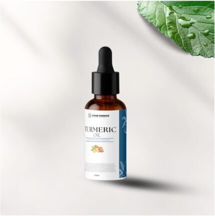 This is an image of turmeric oil - product of lyons choice woocommerce store at page Wholesale - Woocommerce. in the image the product is of bottle with nipple drop cap featuring a label of blue and white color with product details printed on it.