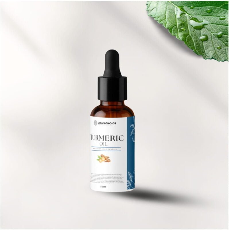 This is an image of turmeric oil - product of lyons choice woocommerce store at page Wholesale - Woocommerce. in the image the product is of bottle with nipple drop cap featuring a label of blue and white color with product details printed on it.