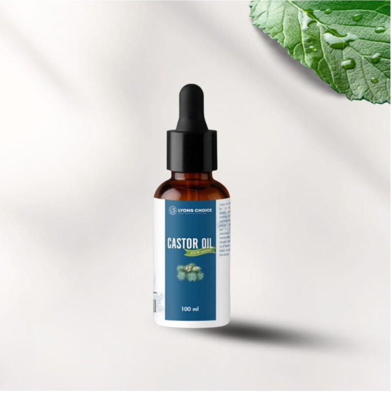 This is an image of caster oil - product of lyons choice woocommerce store at page Wholesale - Woocommerce. in the image the product is of bottle with nipple drop cap featuring a label of blue and white color with product details printed on it.