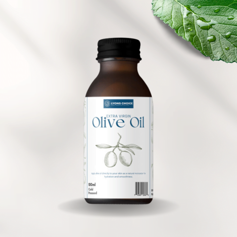 This is a product listed on Export - Lyons Choice woocommerce page. The name of the product is Olive Oil. In the image the product is in a old style round syrup bottle with fix cap on it. The label on the product is white with logo of lyons choice of blue color an ddetails written in bue color.