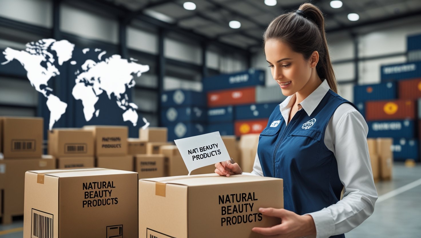 A white young beautiful girl standing in a warehouse surrounding by containing packed carton boxes of natural beauty products. In the background large shelves containing products are seen with little blurr. the iamge is featured in a section the page Export - Lyons Choice