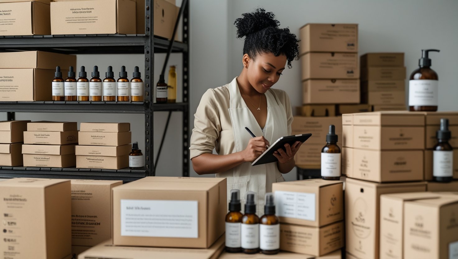 AN african origin young lady standing in the warehouse surrounded by large number of boxes packed like carton. Several beauty and health products are also showcased on the boxes and in the back of the girl. the girl is wearing a white labcoat helding a pen in her right hand checking her notepad carefully. The image is listed on the lyons choice website on Wholesale page.